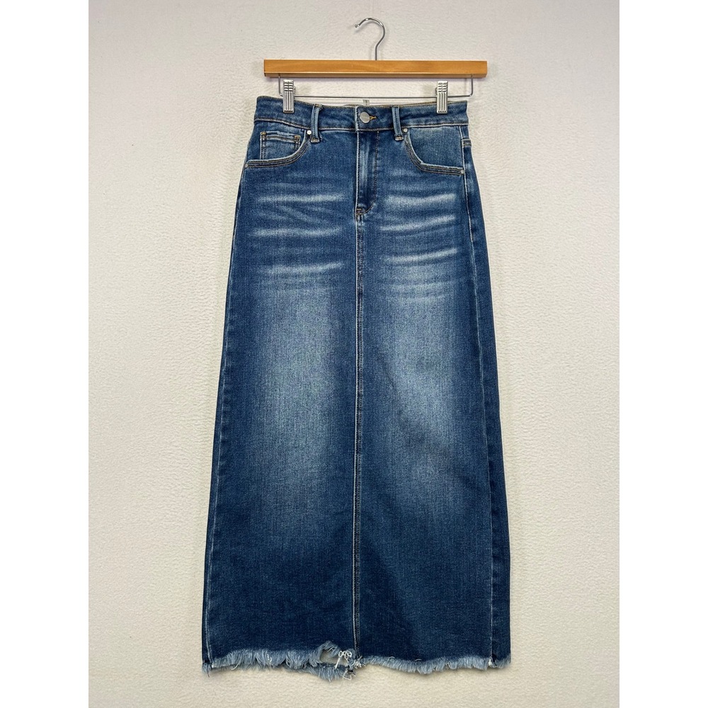 Boho Western Risen Jeans Womens Small Blue Raw Hem Denim Maxi Skirt RDS6096